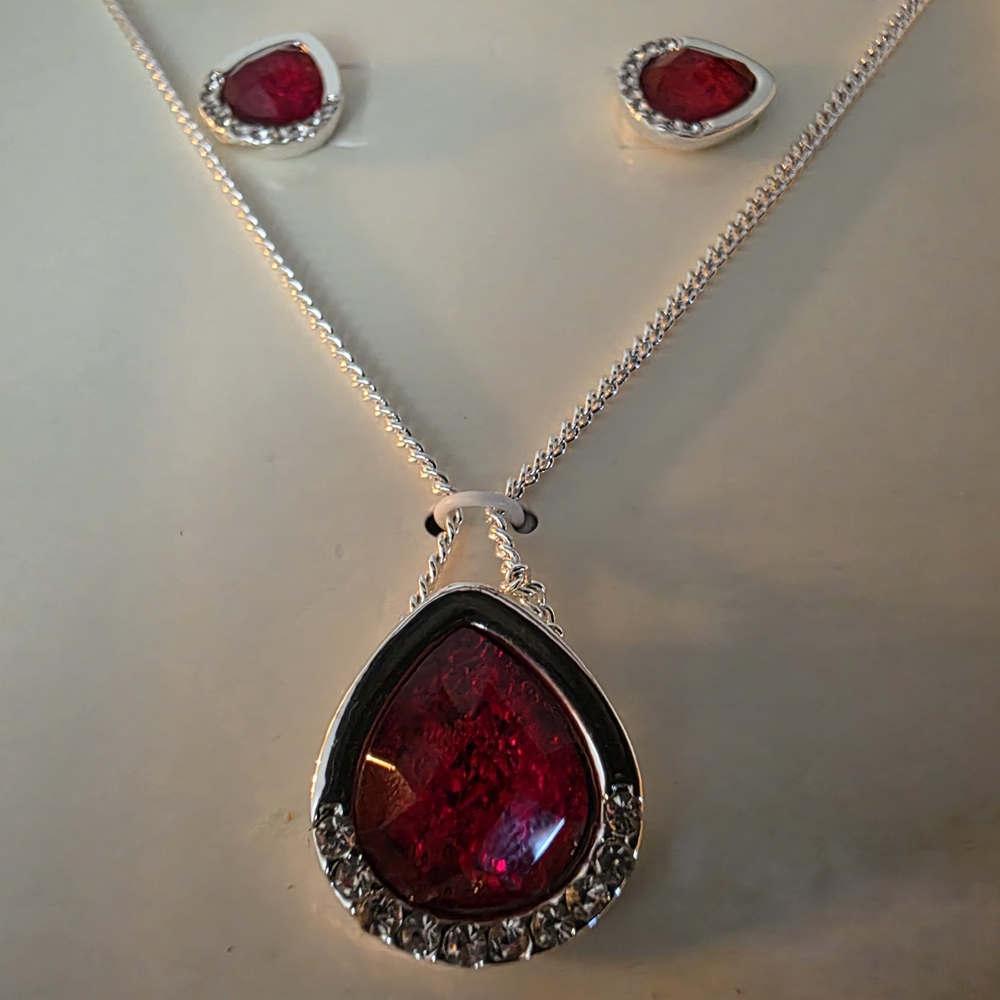 Napier Silver Necklace with Red Pendant